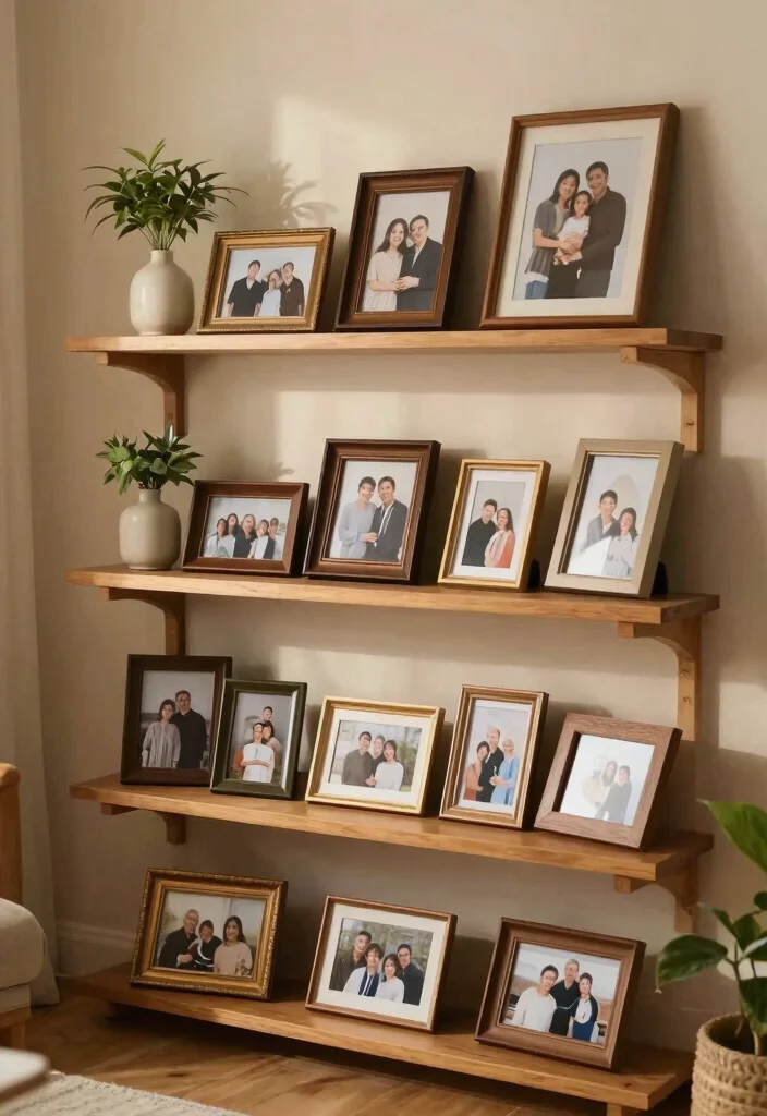 13 Warm Wooden Wall Shelf Ideas Rustic Farmhouse 12. Family Picture Frame Shelf 0