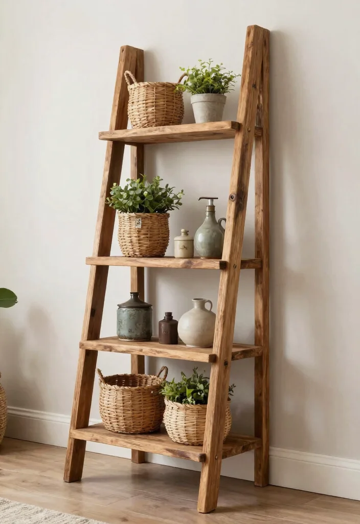 13 Warm Wooden Wall Shelf Ideas Rustic Farmhouse 4. Rustic Ladder Shelf 0