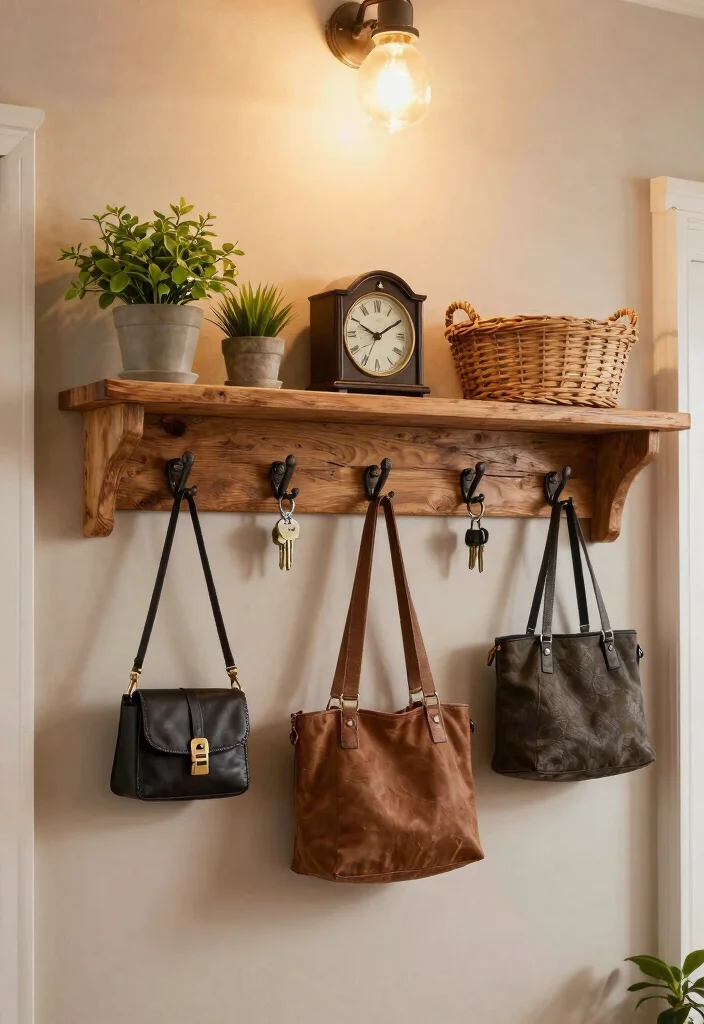 13 Warm Wooden Wall Shelf Ideas Rustic Farmhouse 7. Rustic Shelf with Hooks 0