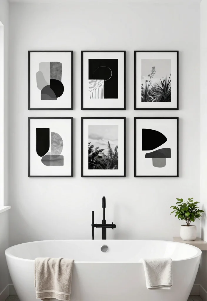 15 Aesthetic Bathroom Wall Art Ideas Budget Friendly 1. Minimalist Black and White Prints 0