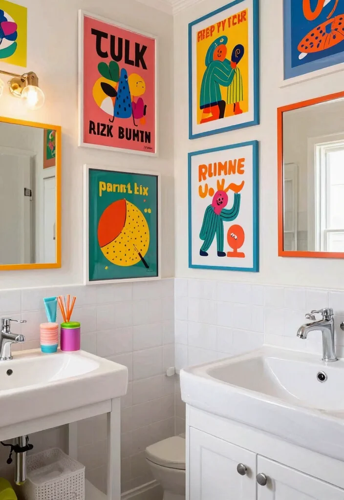 15 Aesthetic Bathroom Wall Art Ideas Budget Friendly 12. Colorful Graphic Prints 0