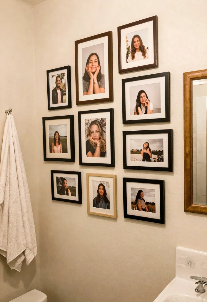 15 Aesthetic Bathroom Wall Art Ideas Budget Friendly 13. Gallery Wall of Personal Photos 0