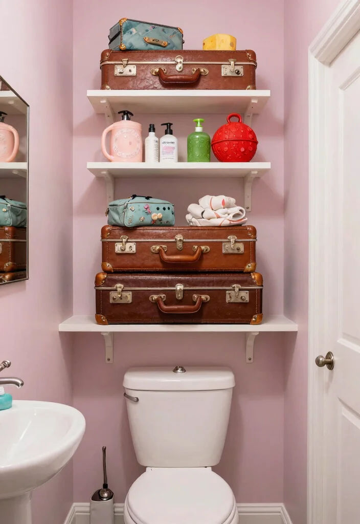 15 Bathroom Wall Shelf Ideas Above Toilet Save Space 11. Vintage Suitcase Shelves 0