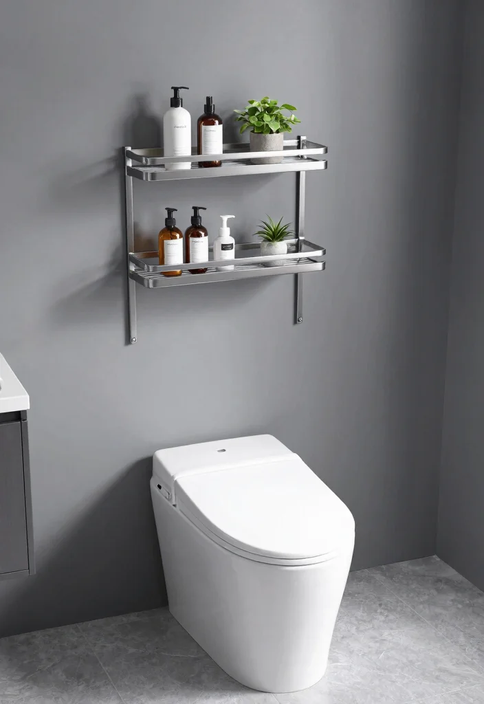 15 Bathroom Wall Shelf Ideas Above Toilet Save Space 12. Sleek Metal Grate Shelves 0