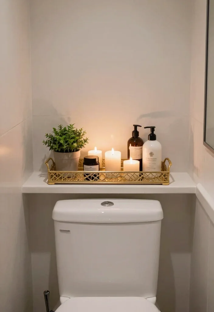 15 Bathroom Wall Shelf Ideas Above Toilet Save Space 13. Decorative Tray Styling 0