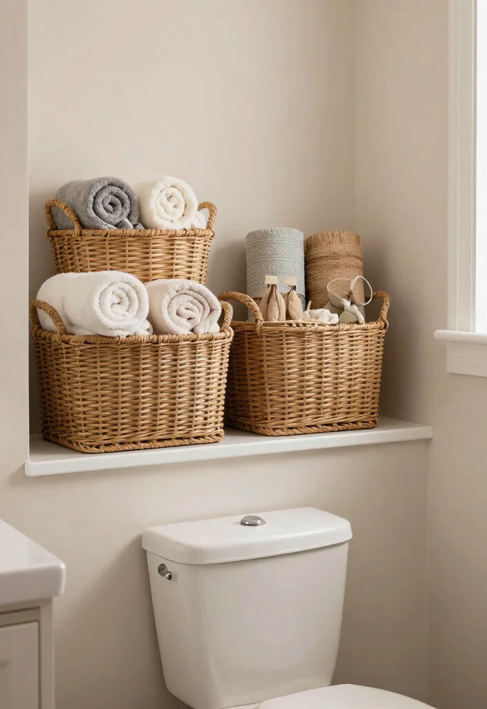 15 Bathroom Wall Shelf Ideas Above Toilet Save Space 14. Woven Basket Display 0