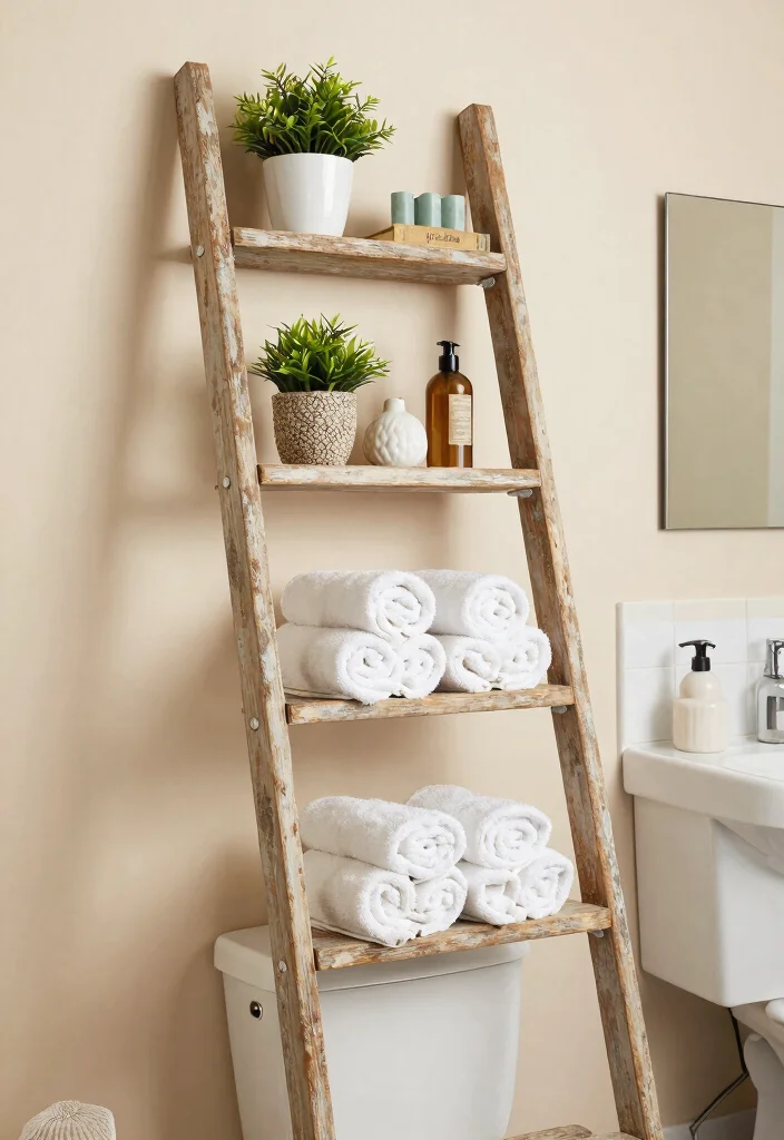 15 Bathroom Wall Shelf Ideas Above Toilet Save Space 3. Vintage Ladder Shelf 0