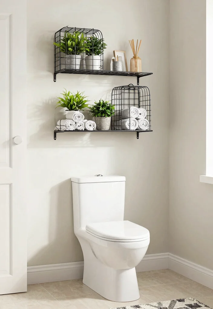 15 Bathroom Wall Shelf Ideas Above Toilet Save Space 5. Stylish Wire Cages 0