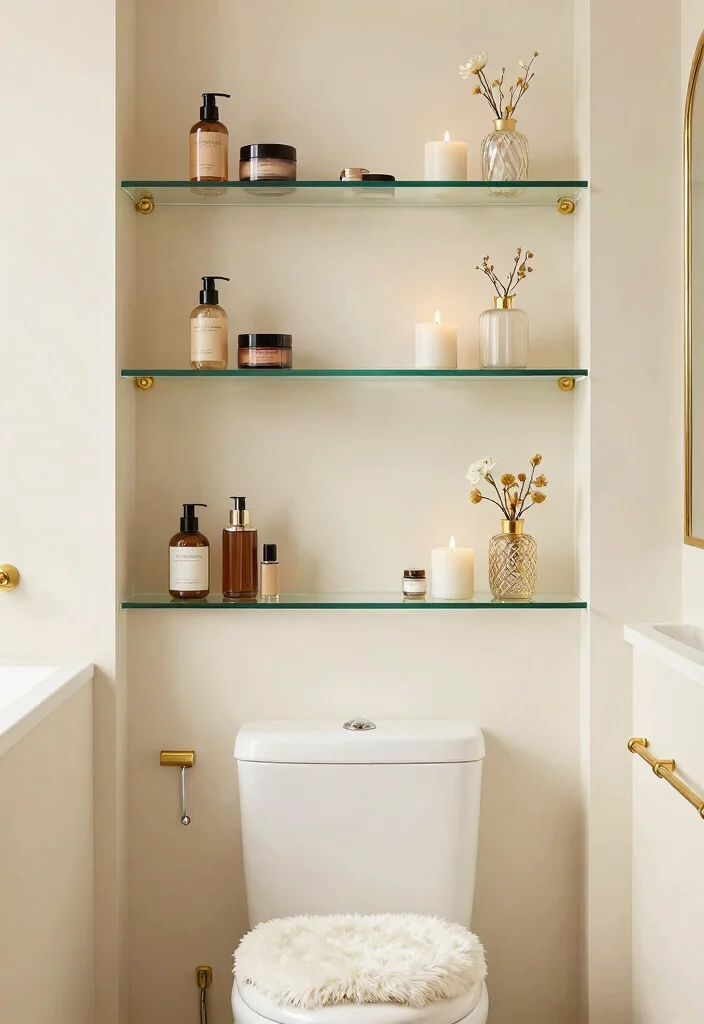15 Bathroom Wall Shelf Ideas Above Toilet Save Space 7. Elegant Glass Shelves 0