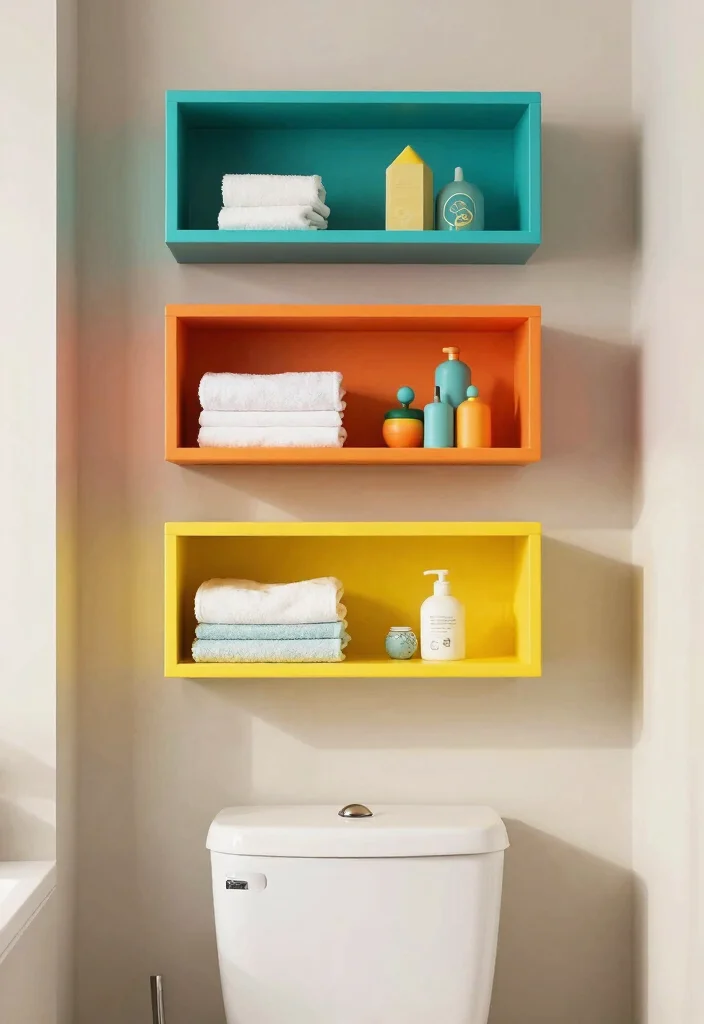 15 Bathroom Wall Shelf Ideas Above Toilet Save Space 8. Colorful Floating Box Shelves 0