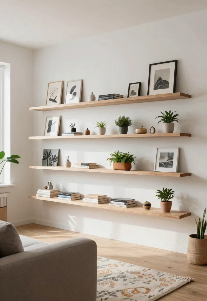 15 Beautiful Living Room Wall Art Ideas Designer Look 7. Floating Shelves with Art 0