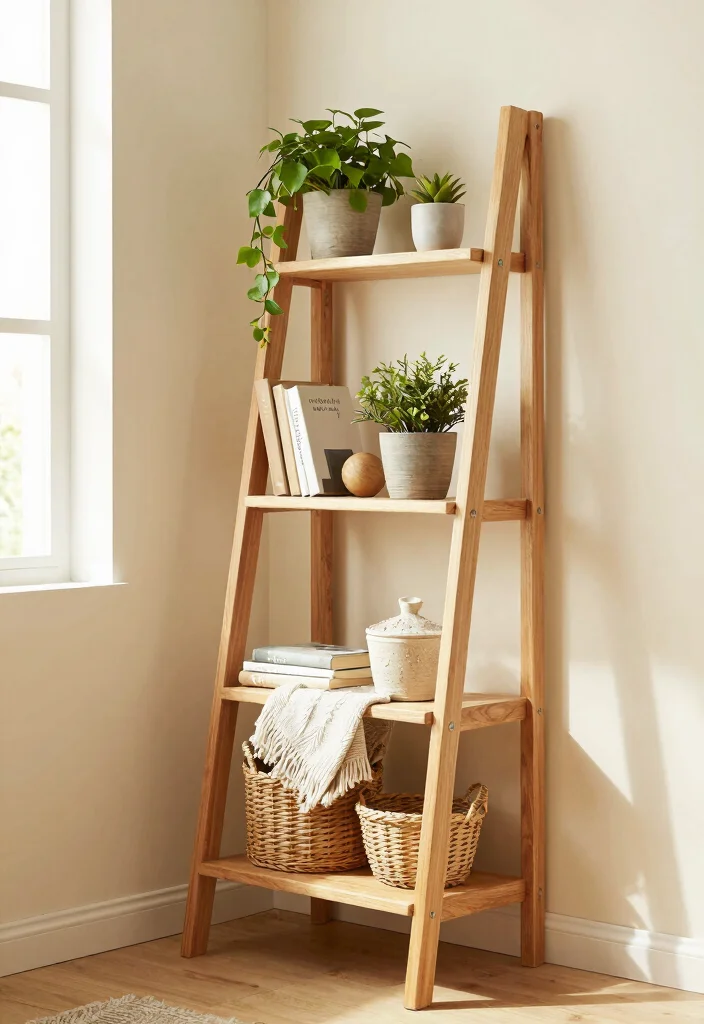 15 Clever Corner Wall Shelf Ideas for Awkward Spaces 2. Ladders for Style and Function 0