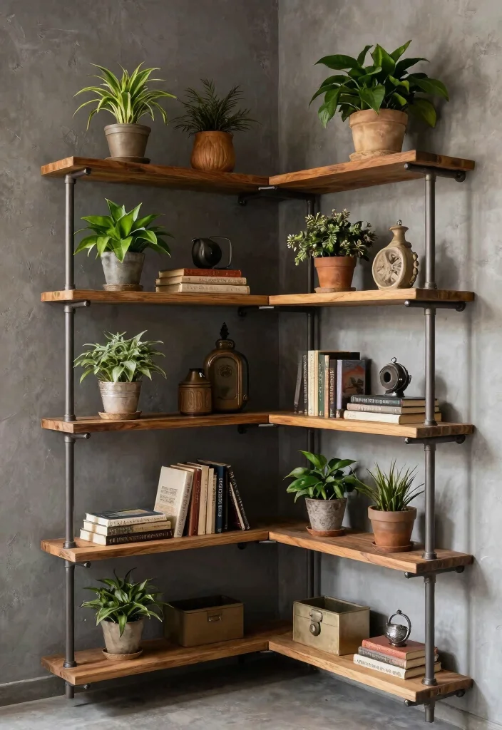15 Clever Corner Wall Shelf Ideas for Awkward Spaces 3. Industrial Pipe Shelving 0