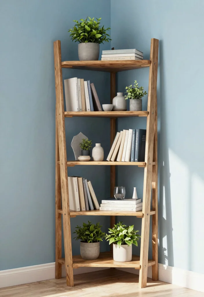 15 Clever Corner Wall Shelf Ideas for Awkward Spaces 4. Corner Ladder Bookcase 0