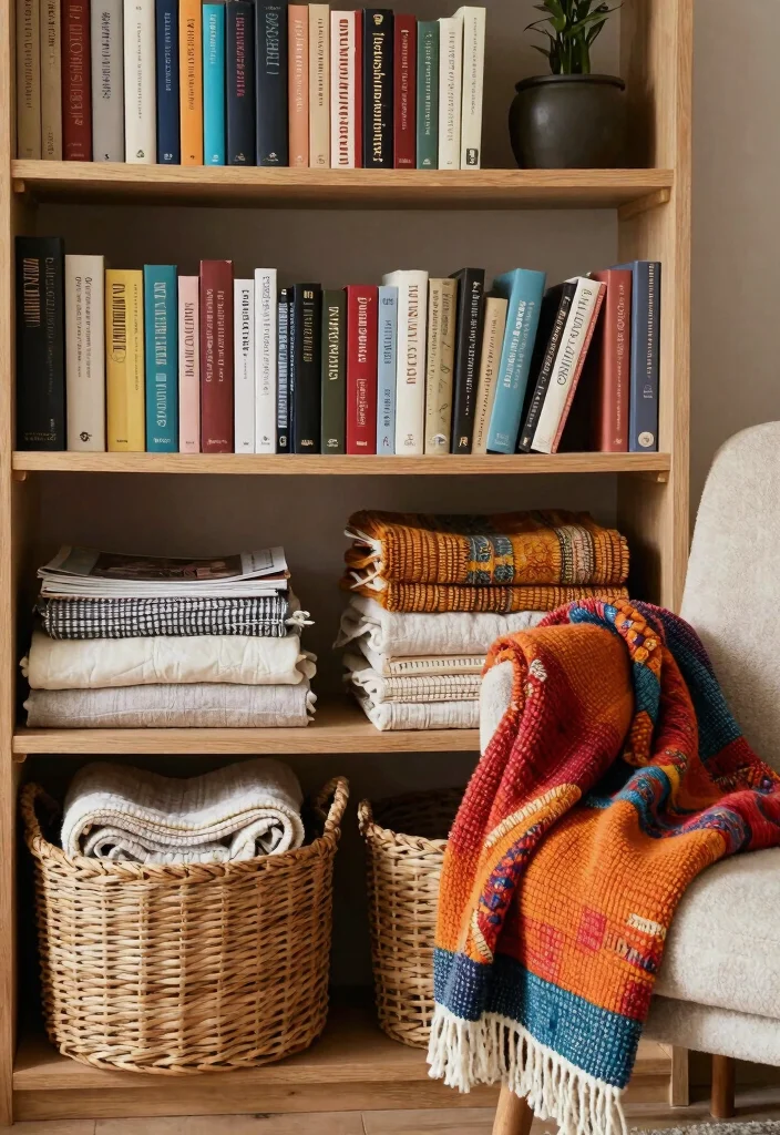 15 Cozy Book Shelf Wall Ideas for a Home Library 10. Layering with Textiles 0