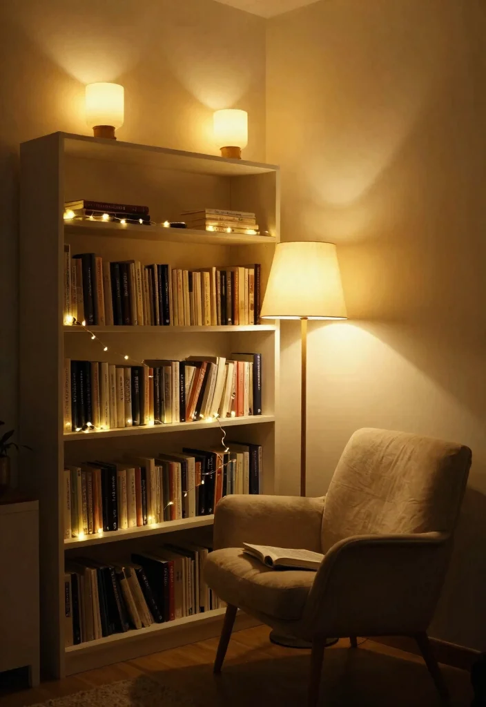 15 Cozy Book Shelf Wall Ideas for a Home Library 14. Layered Lighting Effects 0