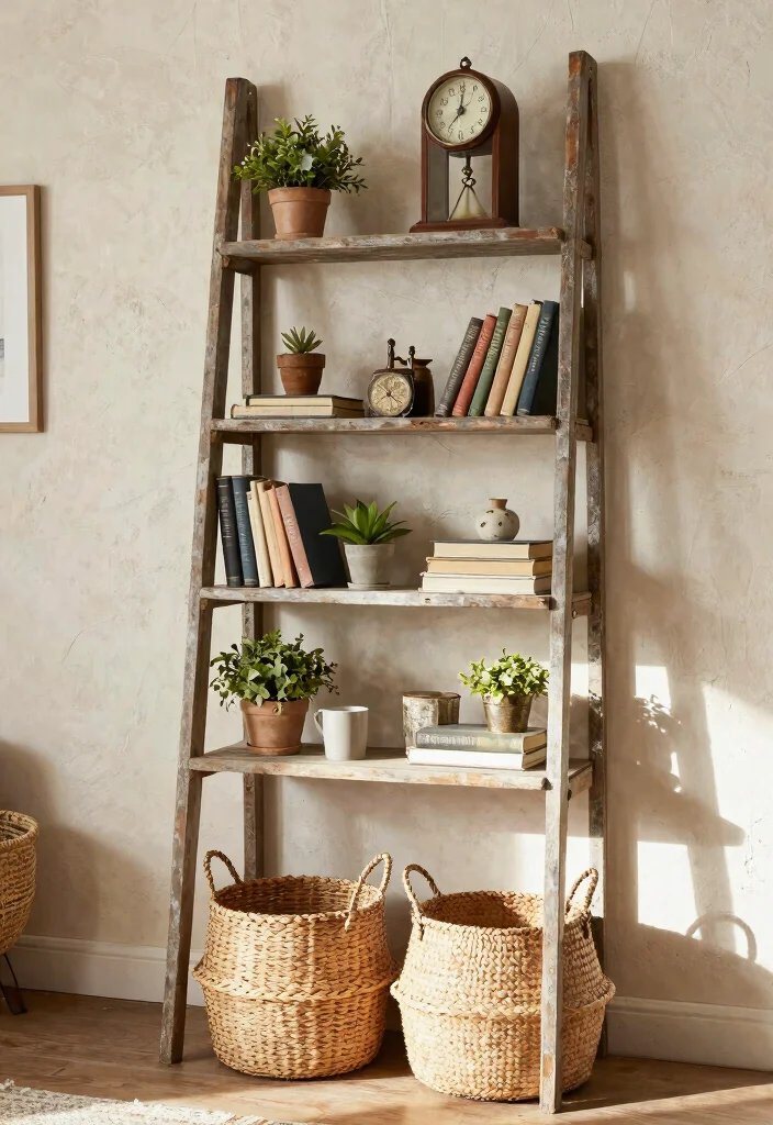 15 Cozy Book Shelf Wall Ideas for a Home Library 3. Vintage Ladder Shelf 0