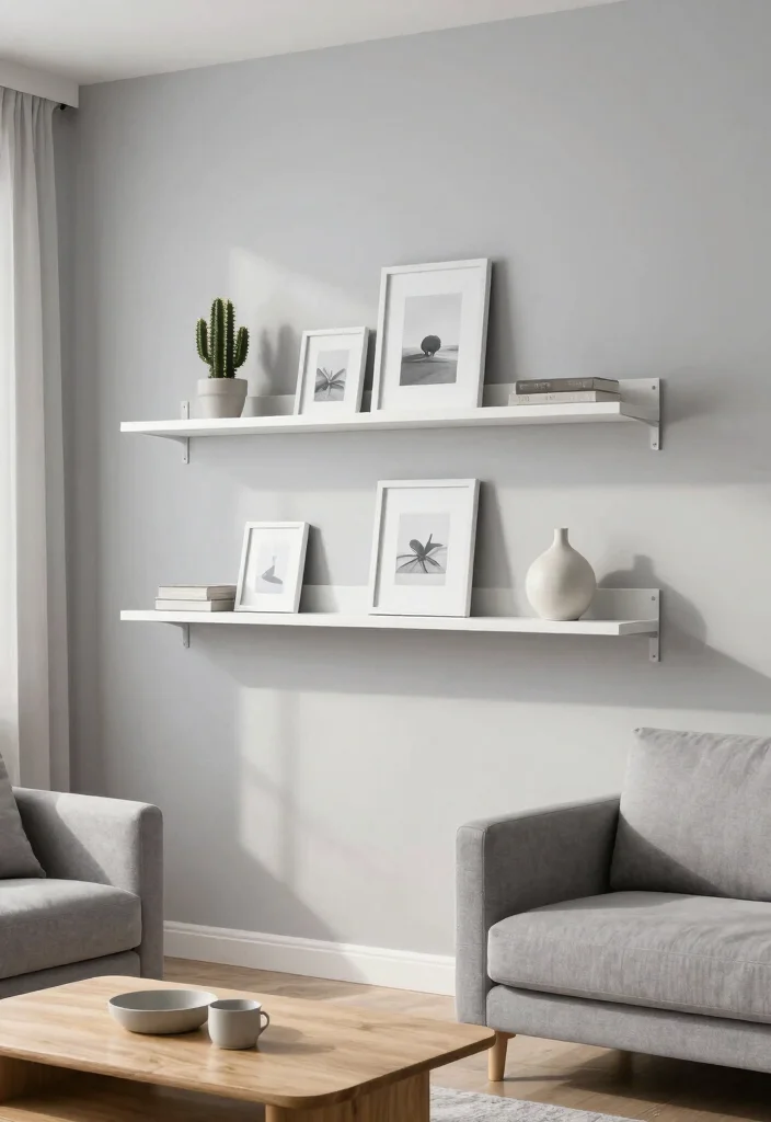15 Modern Living Room Wall Shelf Decor Ideas 1. Floating Shelves with Minimalist Decor 0