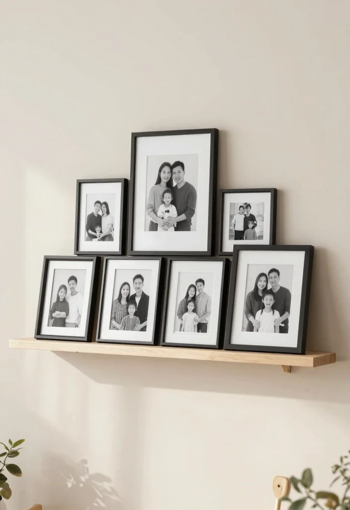 15 Modern Living Room Wall Shelf Decor Ideas 11. Family Photos in Minimal Frames 0