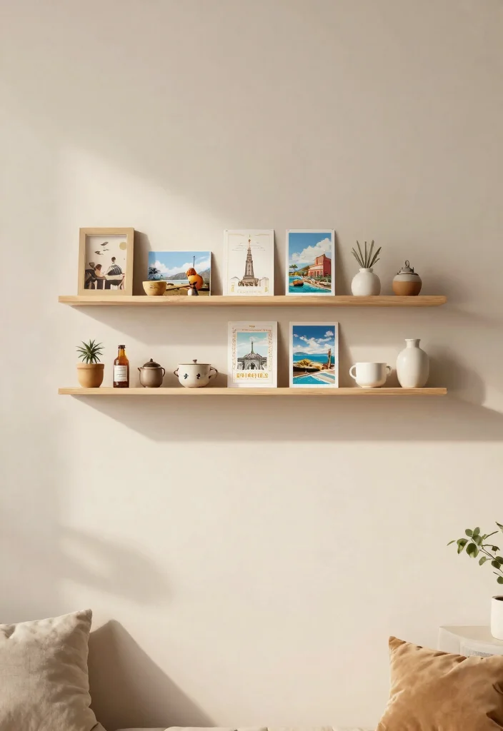15 Modern Living Room Wall Shelf Decor Ideas 13. Personal Touch with Travel Souvenirs 0