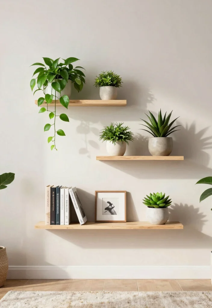 15 Modern Living Room Wall Shelf Decor Ideas 3. Incorporating Greenery 0