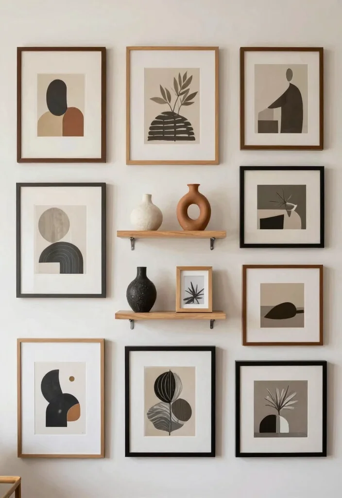 15 Modern Living Room Wall Shelf Decor Ideas 4. Gallery Wall with Shelves 0