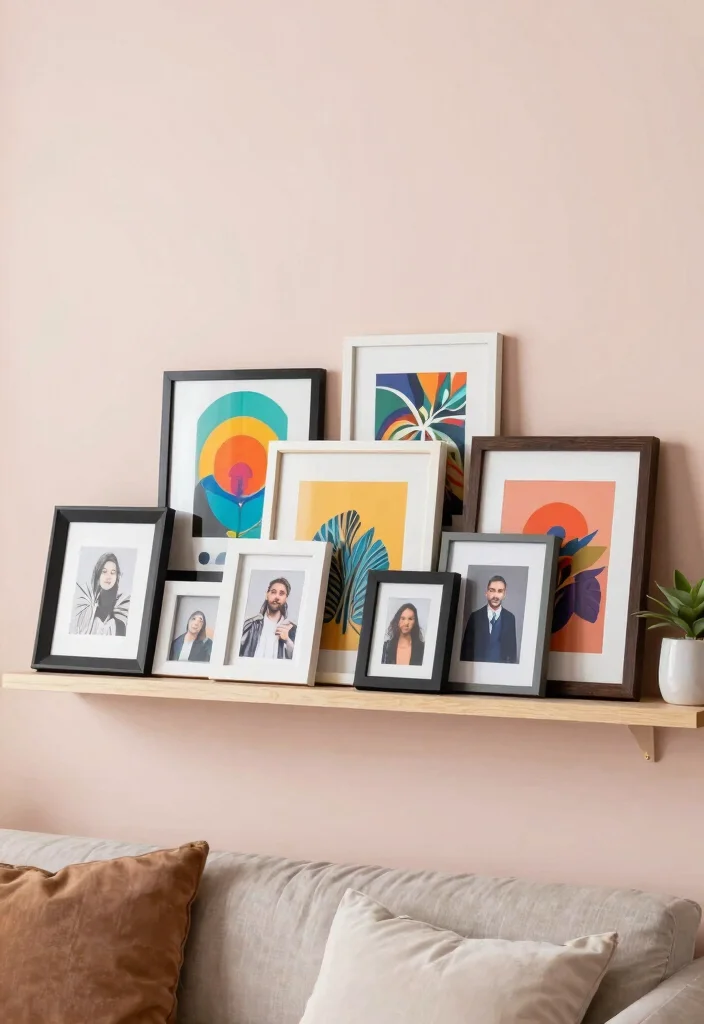 15 Modern Living Room Wall Shelf Decor Ideas 8. Artful Displays with Frames 0