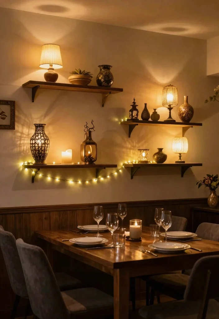 15 Stylish Dining Room Wall Shelf Decor Ideas 15. Layered Lighting Accents 0
