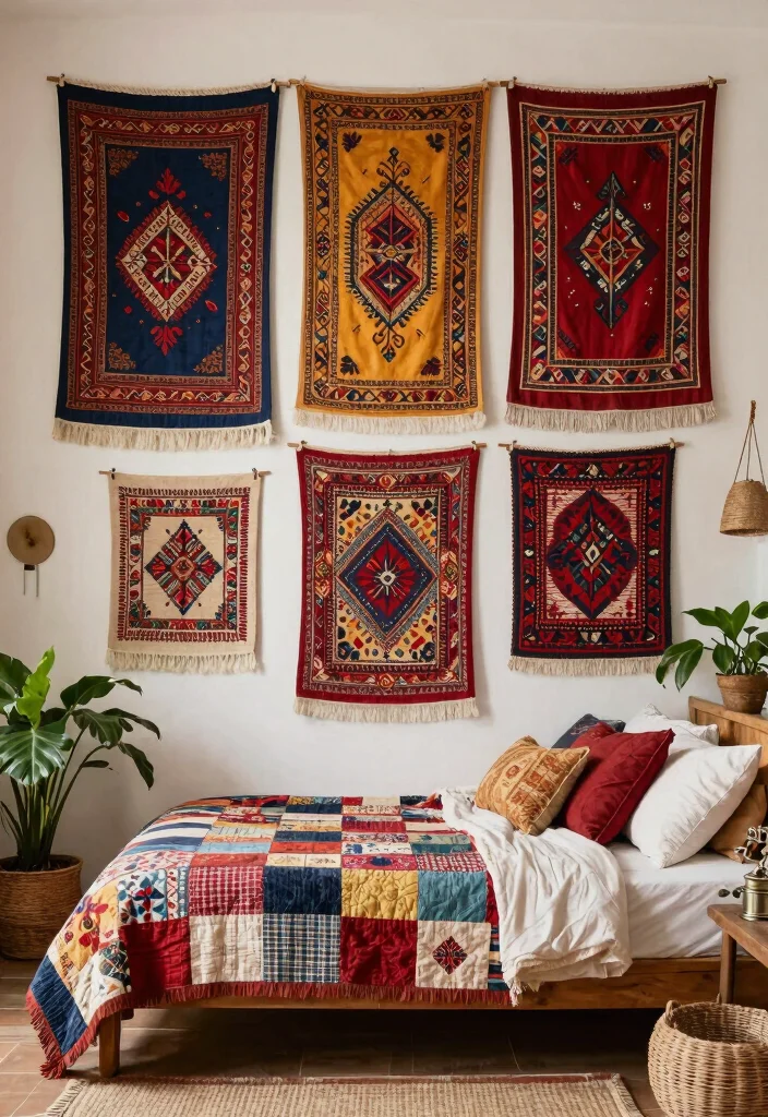 17 Dreamy Wall Art Ideas for a Bedroom Makeover 6. Vintage Textile Wall Art 0