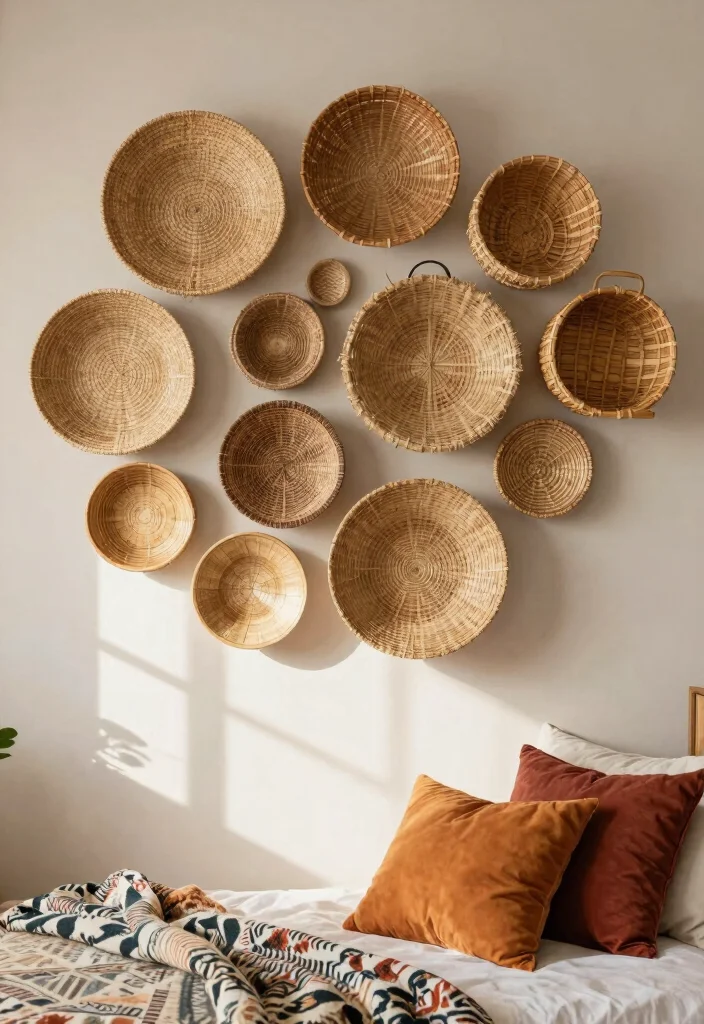 21 Cozy Bedroom Wall Art Ideas for a Dreamy Space 14. Layered Wall Baskets 0
