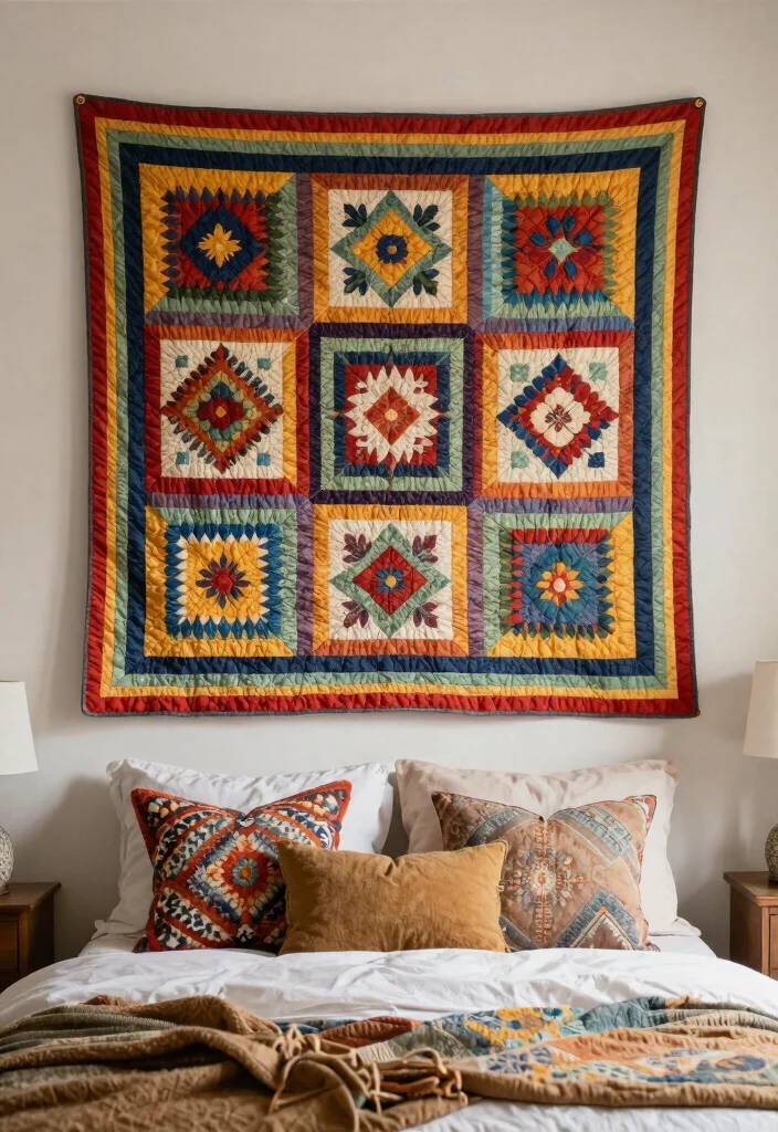 21 Cozy Bedroom Wall Art Ideas for a Dreamy Space 18. Colorful Quilts as Wall Art 0