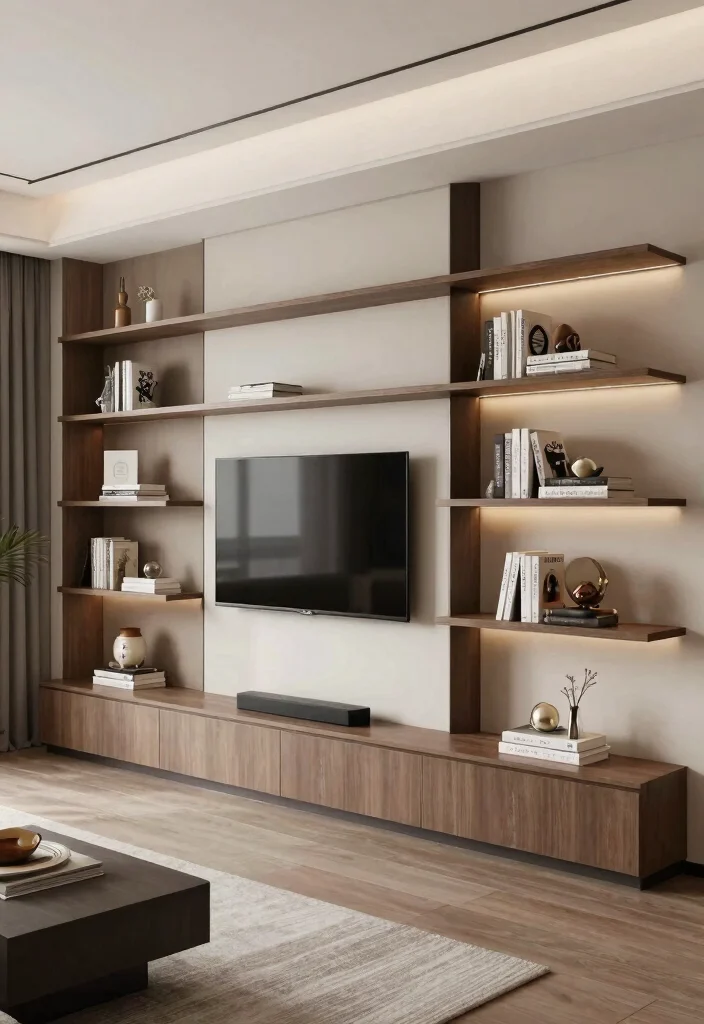 21 Sleek Floating Shelf Wall Ideas for a Minimalist Vibe 20. Seamless Integration with Built in Units 0