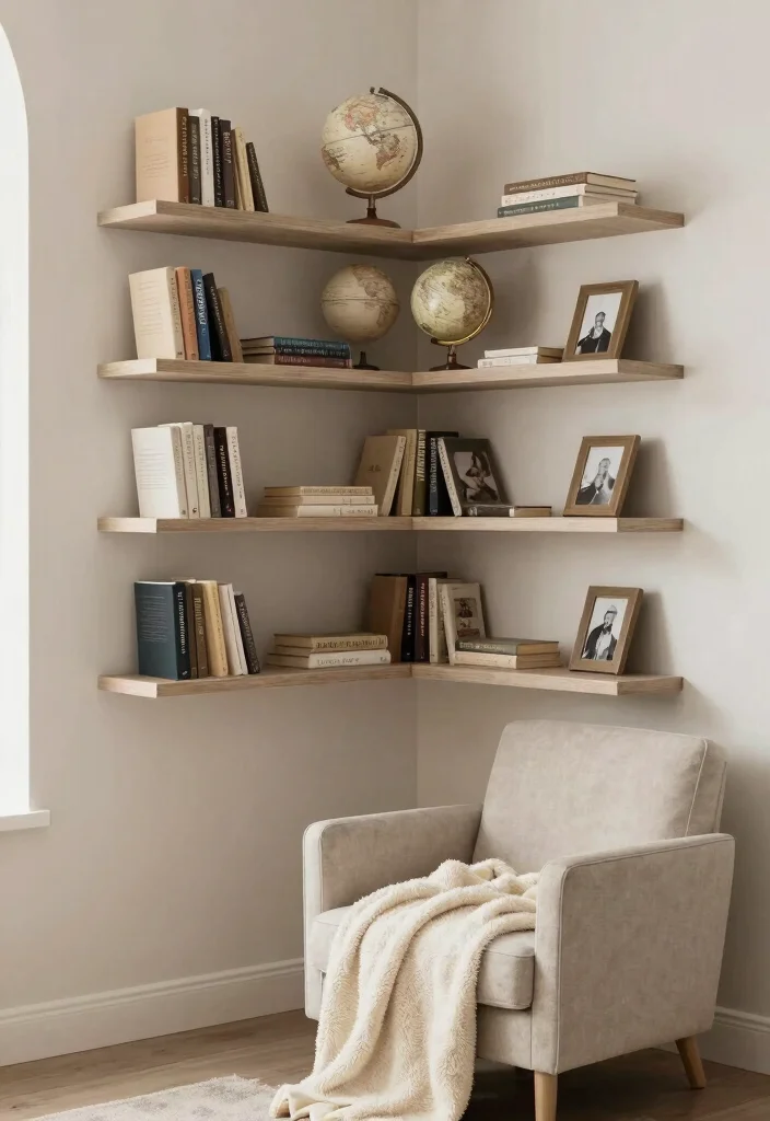 21 Sleek Floating Shelf Wall Ideas for a Minimalist Vibe 6. Floating Corner Shelves for Smart Space Use 0