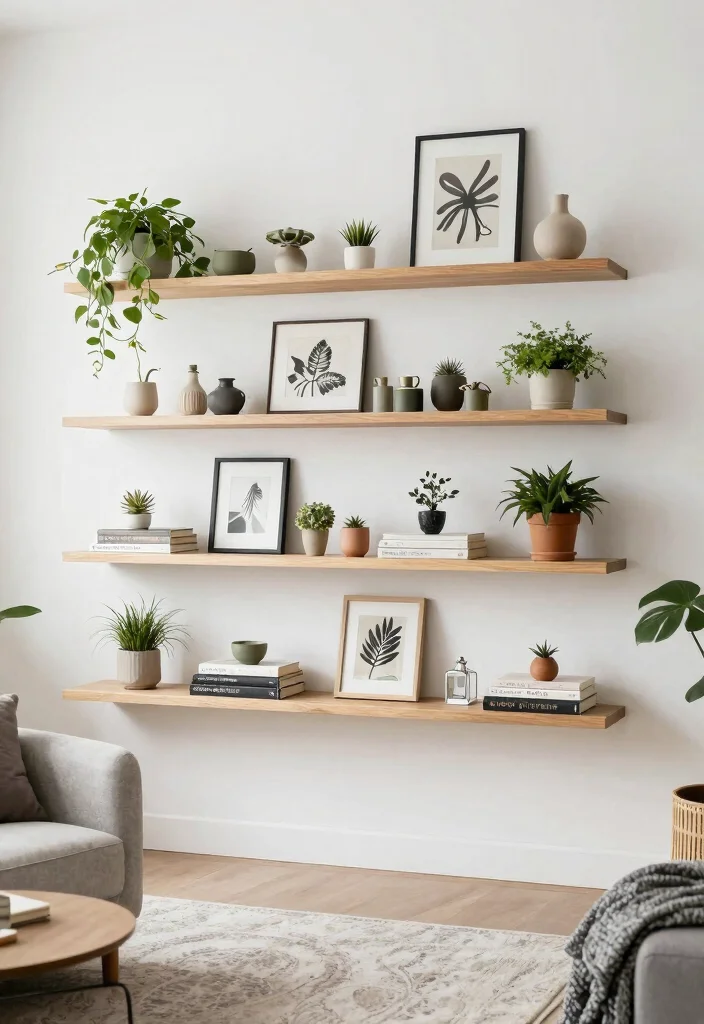 21 Sleek Floating Shelf Wall Ideas for a Minimalist Vibe 7. Tiered Floating Shelves for Added Dynamics 0