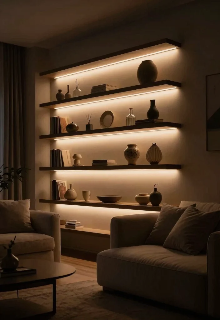 21 Sleek Floating Shelf Wall Ideas for a Minimalist Vibe 9. Floating Shelves with Built in Lighting 0