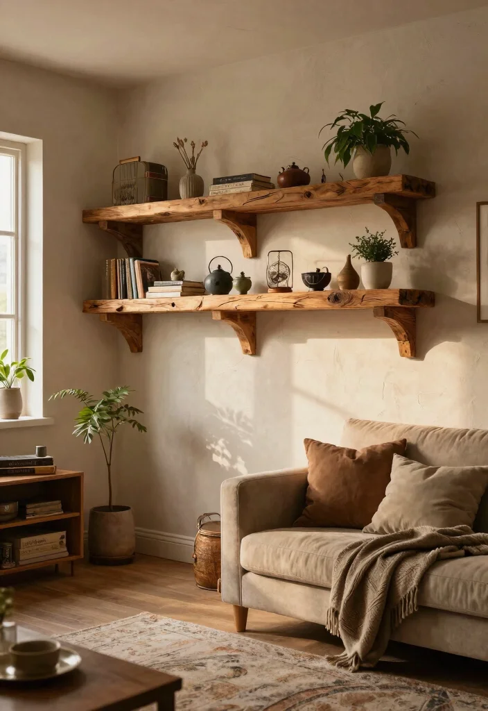 21 Stunning Living Room Wall Shelf Ideas Designer Look 12. Rustic Wooden Beams 0