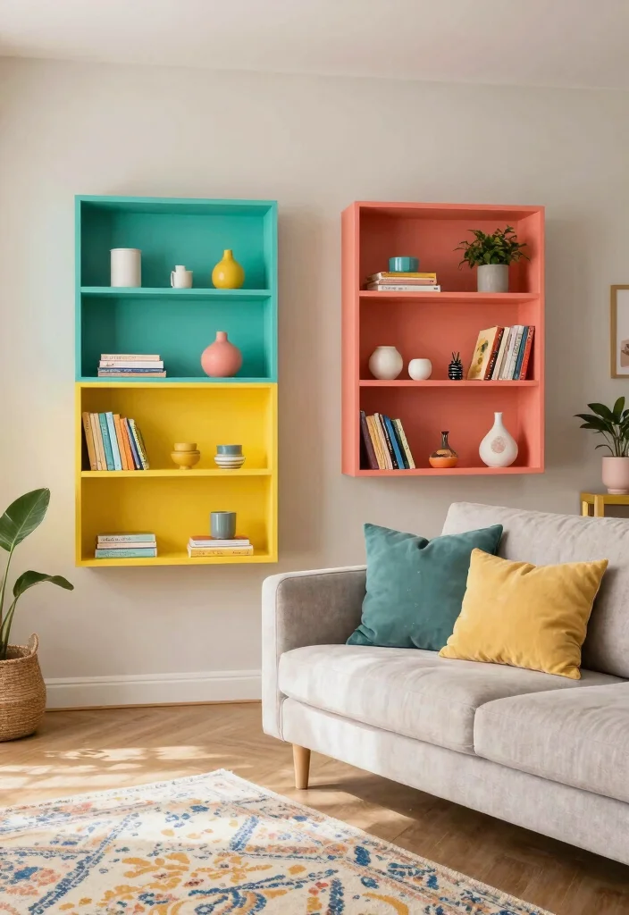 21 Stunning Living Room Wall Shelf Ideas Designer Look 17. Colorful Accent Shelves 0