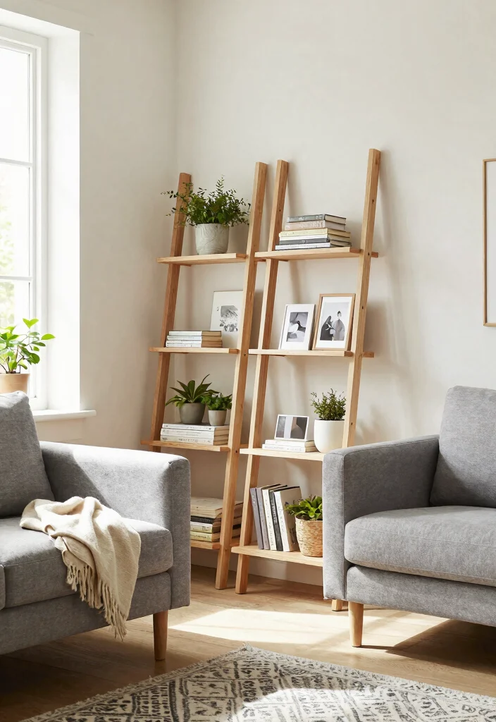 21 Stunning Living Room Wall Shelf Ideas Designer Look 4. Minimalist Ladder Shelves 0