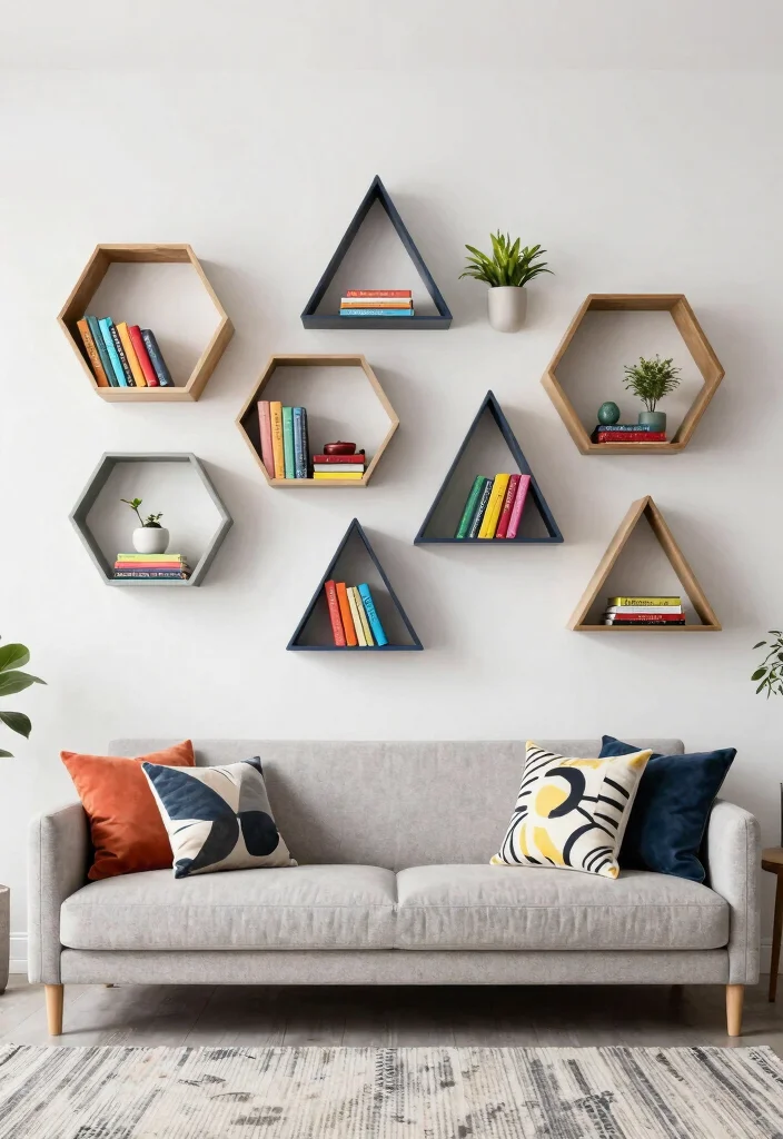 21 Stunning Living Room Wall Shelf Ideas Designer Look 9. Geometric Shelving 0