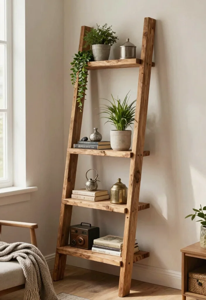 25 Brilliant Wall Shelf Ideas to Maximize Your Space 4. DIY Ladder Shelf for a Rustic Touch 0