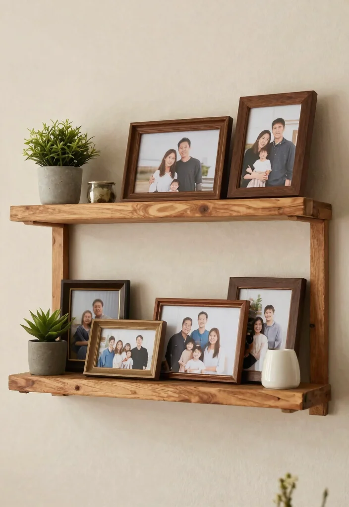 21 Beautiful Wall Shelf Display Ideas for a Rustic Farmhouse Vibe 14. Family Photo Shelves