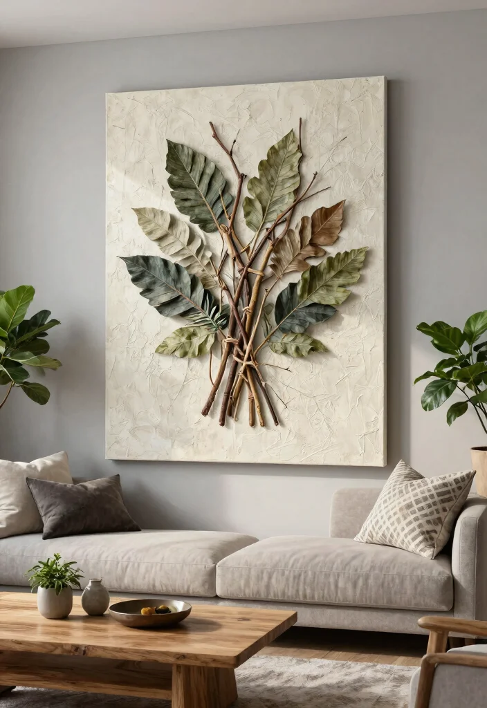 7 Chic Wall Art Living Room Painting Ideas DIY 3. Textured Canvas with Natural Materials 0
