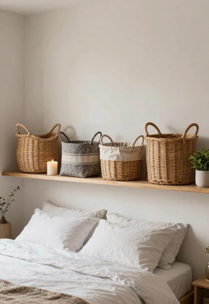 7 Genius Shelf Along Top of Wall Bedroom Hacks 4. Use Baskets for Storage and Style 0