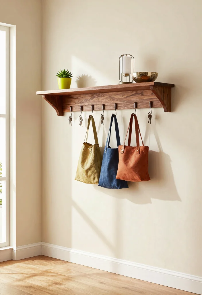 7 Smart Half Wall Shelf Ideas for Entryways 1. Floating Shelf with Hooks 0