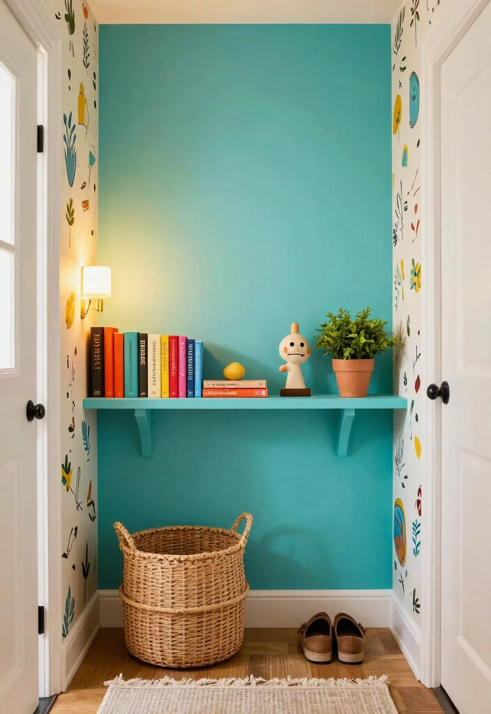 7 Smart Half Wall Shelf Ideas for Entryways 5. Colorful Accent Shelf 0