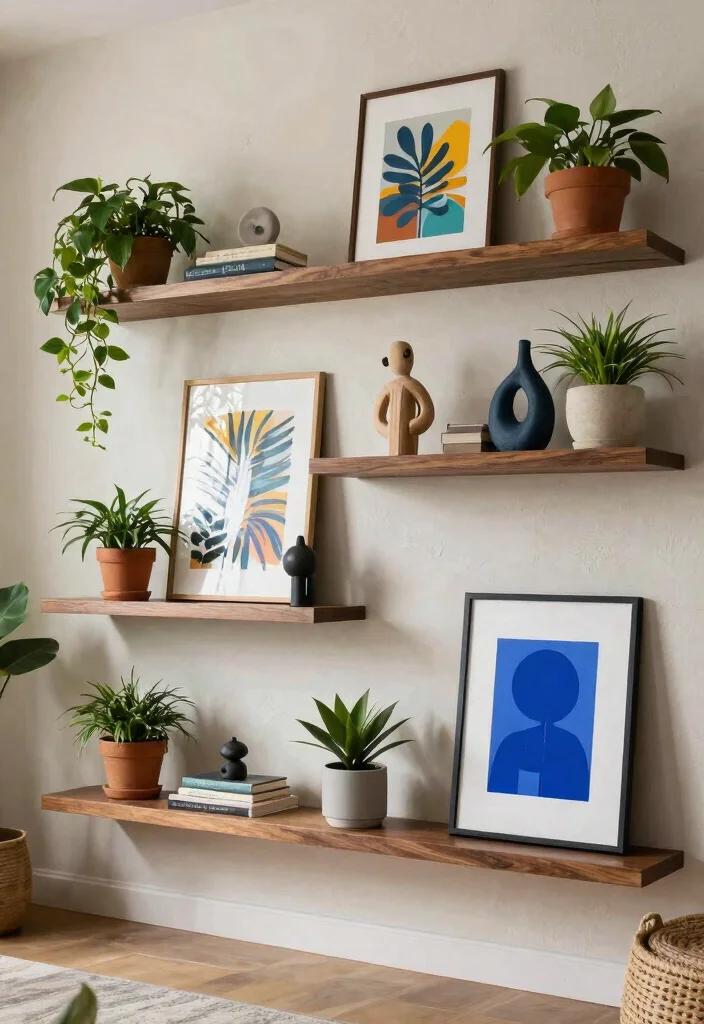 9 Beautiful Picture and Shelf Wall Ideas Gallery Mix 3. Floating Shelves with a Twist 0