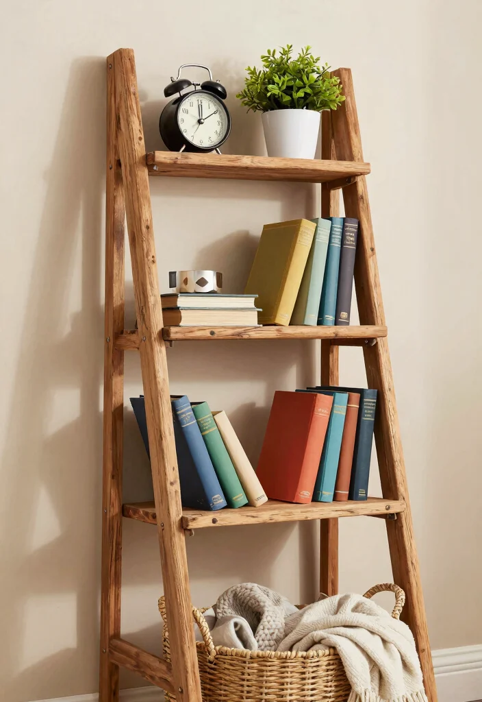 9 Charming Vintage Wall Shelf Ideas Thrifted Finds 1. Rustic Ladder Shelf 0