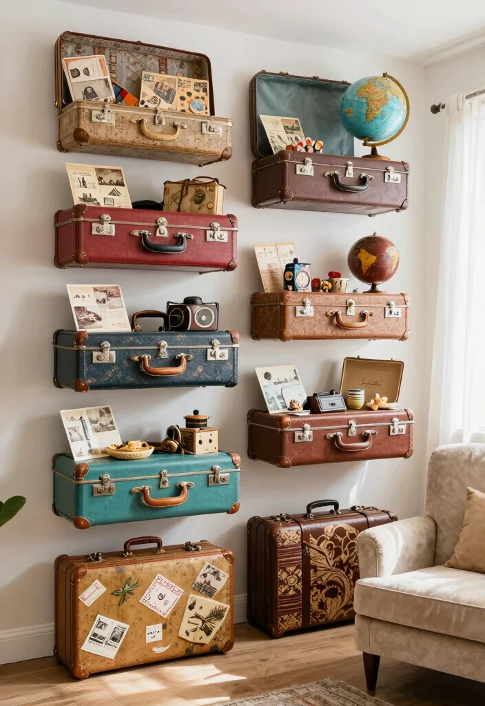 9 Charming Vintage Wall Shelf Ideas Thrifted Finds 2. Vintage Suitcase Shelves 0