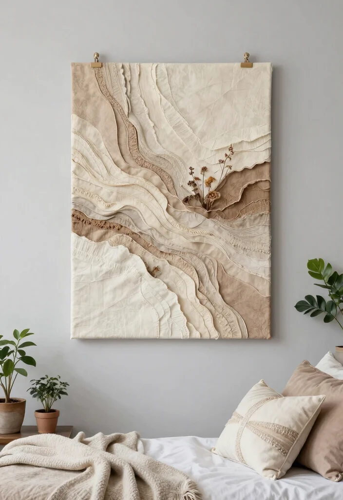 9 Relaxing Bedroom Wall Art Painting Ideas DIY 7. Textured Fabric Wall Art 0