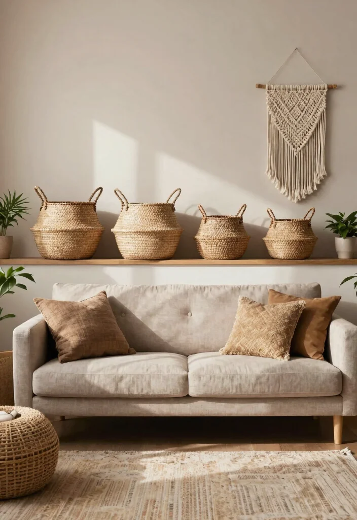 9 Space Saving Shelf at Top of Wall Ideas 4. Basket Shelves for Texture and Interest 0